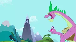 Size: 1279x718 | Tagged: safe, derpibooru import, screencap, rarity, spike, dragon, pony, unicorn, secret of my excess, clothes, coils, dragon mountain, greed spike, hoard, mountain, peak, spikezilla