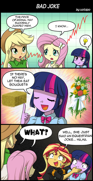 Size: 800x1542 | Tagged: safe, artist:uotapo, derpibooru import, edit, applejack, fluttershy, sunset shimmer, twilight sparkle, equestria girls, clothes, comic, dialogue, flower, hay, hay bale, let them eat cake, speech bubble, text edit