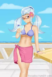 Size: 1200x1800 | Tagged: suggestive, artist:focusb, derpibooru import, sugarcoat, human, equestria girls, beach, bikini, bikini babe, breasts, cleavage, clothes, drinking, female, flower, flower in hair, glasses, humanized, looking at you, pigtails, sarong, signature, solo, stupid sexy sugarcoat, swimsuit, twintails, umbrella drink, underboob