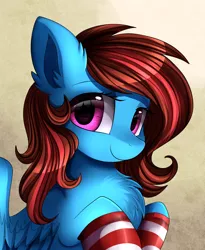 Size: 1024x1249 | Tagged: safe, artist:pridark, derpibooru import, oc, oc:lucid heart, unofficial characters only, pegasus, pony, bust, chest fluff, clothes, commission, female, mare, portrait, smiling, socks, solo, striped socks