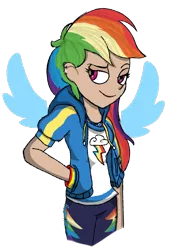 Size: 1400x1950 | Tagged: safe, artist:rodan00, derpibooru import, rainbow dash, human, equestria girls, equestria girls series, clothes, ear piercing, female, geode of super speed, hands in pockets, hoodie, human coloration, humanized, magical geodes, piercing, raised eyebrow, simple background, solo, transparent background, wings