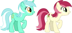 Size: 6441x3000 | Tagged: safe, artist:cloudyglow, artist:parclytaxel, derpibooru import, lyra heartstrings, roseluck, earth pony, pony, unicorn, the super speedy cider squeezy 6000, .ai available, absurd resolution, female, mare, raised hoof, recolor, simple background, smiling, transparent background, vector
