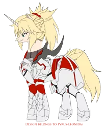 Size: 1773x2132 | Tagged: safe, artist:pyrus-leonidas, derpibooru import, ponified, pony, unicorn, anime, armor, crossover, fate/apocrypha, fate/grand order, female, mare, mordred, saber, simple background, smiling, solo, transparent background, weapon