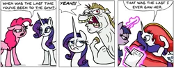 Size: 919x364 | Tagged: safe, artist:gingerfoxy, derpibooru import, bulk biceps, pinkie pie, rarity, twilight sparkle, earth pony, pony, unicorn, pony comic generator, bad idea, comic, comic strip, fat joke, female, frown, implied murder, mare, rarity is not amused, simple background, this will end in pain, this will end in tears and/or death, unamused, white background, yeah!!!!!!!!