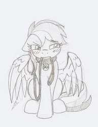 Size: 574x743 | Tagged: artist:ravenpuff, blushing, collar, derpibooru import, embarrassed, female, femsub, leash, monochrome, mouth hold, pencil drawing, pet-dash, pet play, pet tag, rainbow dash, safe, sketch, solo, submissive, traditional art