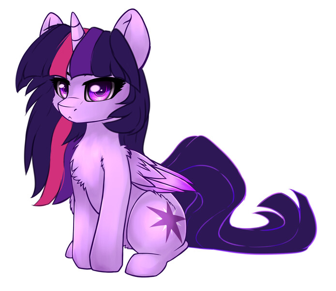 Size: 2925x2528 | Tagged: safe, alternate version, artist:duop-qoub, derpibooru import, twilight sparkle, twilight sparkle (alicorn), alicorn, pony, descended twilight, alternate hairstyle, chest fluff, female, looking at you, mare, simple background, sitting, solo, white background