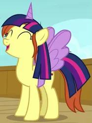 Size: 645x862 | Tagged: safe, derpibooru import, screencap, twilight sparkle, twilight sparkle (alicorn), unnamed pony, alicorn, pony, once upon a zeppelin, alicorn costume, background pony, clothes, cosplay, costume, cropped, eyes closed, fake horn, fake wings, solo, twilight sparkle costume, twilight wig