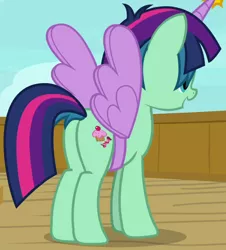 Size: 680x752 | Tagged: safe, derpibooru import, screencap, twilight sparkle, twilight sparkle (alicorn), unnamed pony, alicorn, earth pony, pony, once upon a zeppelin, alicorn costume, background pony, clothes, cosplay, costume, cropped, fake horn, fake wings, female, mare, plot, solo, twilight sparkle costume, twilight wig