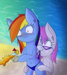 Size: 1499x1674 | Tagged: suggestive, artist:fajnyziomal, derpibooru import, rainbow dash, oc, oc:purple light, pegasus, pony, beach, belly button, bikini, bikini bottom, bipedal, blue underwear, blushing, chest fluff, clothes, cute, drink, ear fluff, panties, shrunken pupils, smiling, spilled drink, swimsuit, underwear, vampire wedgie, water, wedgie