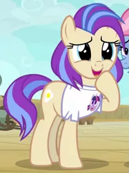 Size: 485x650 | Tagged: safe, derpibooru import, screencap, sunny side, twilight sparkle, pony, once upon a zeppelin, clothes, cropped, shirt, solo, t-shirt