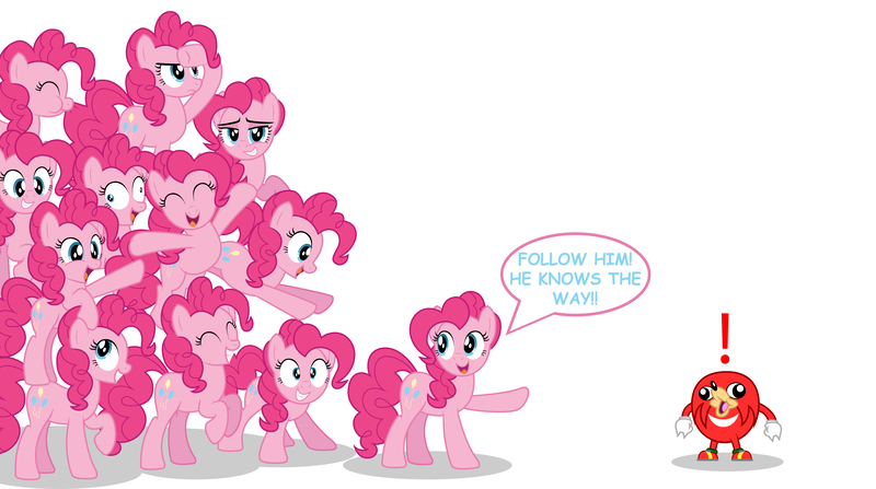 Size: 6117x3415 | Tagged: safe, artist:aleximusprime, derpibooru import, pinkie pie, earth pony, pony, :t, biting, clone, crossover, cute, dead meme, derp, diapinkes, exclamation point, eyes closed, female, frown, glare, grin, jumping, knuckles the echidna, knuckles-pinkie war, lidded eyes, looking back, looking up, mare, meme, multeity, nom, oh no, on top, open mouth, pinkie clone, pointing, ponies riding ponies, puffy cheeks, raised hoof, role reversal, simple background, smiling, smirk, sonic the hedgehog (series), speech bubble, squee, surprised, tail bite, too much pink energy is dangerous, ugandan knuckles, waving, white background, wide eyes