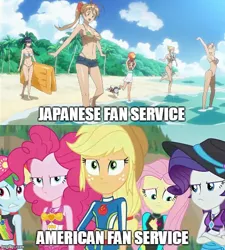 Size: 500x556 | Tagged: suggestive, derpibooru import, edit, edited screencap, screencap, applejack, fluttershy, pinkie pie, rainbow dash, rarity, equestria girls, equestria girls series, forgotten friendship, beach, bikini, breasts, caption, clothes, comparison, fan service, hat, high school of the dead, image macro, meme, sun hat, swimsuit, wetsuit