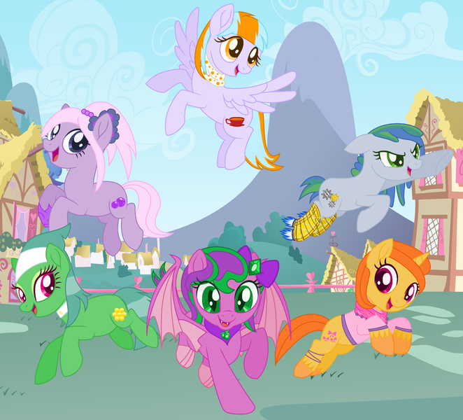 Size: 2832x2568 | Tagged: safe, artist:razorbladetheunicron, derpibooru import, oc, oc:citrus surprise, oc:firestorm swirl, oc:lilac, oc:prairie, oc:rose gold, oc:smokey whistle, unofficial characters only, dracony, earth pony, hybrid, pegasus, pony, unicorn, lateverse, alternate universe, base used, bow, bracelet, clothes, cutie mark, fire, flower, group, headband, interspecies offspring, jewelry, next generation, offspring, parent:amethyst star, parent:birch bucket, parent:flitter, parent:limestone pie, parent:lotus blossom, parent:prince blueblood, parent:saffron masala, parent:soarin', parent:spike, parent:thunderlane, parents:amespike, parents:bluemasala, parents:flitterlane, parents:limin', parents:lotusbucket, ponyville, rocket boots, scarf, shipping, shirt, slippers