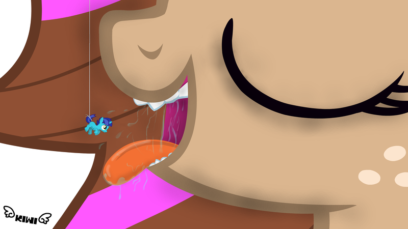 Size: 2600x1463 | Tagged: questionable, artist:kiwipone, derpibooru import, oc, oc:cookie butter, oc:daylight dream, unofficial characters only, pony, colt, drool, drool string, female, fetish, freckles, giant pony, giantess, imminent vore, macro, male, mare, micro, open mouth, signature, size difference, string, tongue out, vore