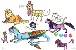 Size: 3000x2000 | Tagged: safe, artist:shimazun, derpibooru import, apple bloom, applejack, bulk biceps, fluttershy, pinkie pie, rainbow dash, rarity, spike, twilight sparkle, changeling, diamond dog, dragon, feathered dragon, hengstbear, hengstwolf, pegasus, pony, squirrel, succubus, unicorn, werebear, werewolf, balloon, changelingified, collar, colored hooves, colored wings, curved horn, dog collar, dragoness, dragonified, feathered ears, female, horns, mane seven, mane six, monster au, multicolored wings, mutant, rainbow dragon, rainbow wings, realistic horse legs, scar, simple background, slice of life, species swap, white background