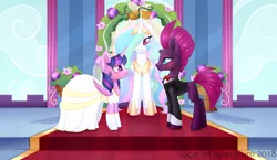 Size: 2258x1312 | Tagged: safe, artist:scarlet-spectrum, derpibooru import, fizzlepop berrytwist, princess celestia, tempest shadow, twilight sparkle, twilight sparkle (alicorn), alicorn, pony, unicorn, my little pony: the movie, blushing, bowtie, clothes, dress, female, lesbian, marriage, shipping, suit, tempestlight, wedding, wedding dress