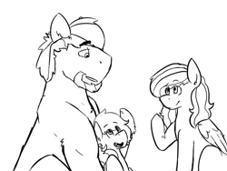 Size: 800x600 | Tagged: safe, artist:sapphireshy, derpibooru import, big macintosh, fluttershy, oc, oc:flare shy, beard, black and white, facial hair, father and daughter, female, filly, fluttermac, grayscale, male, monochrome, offspring, older, parent:big macintosh, parent:fluttershy, parents:fluttermac, shipping, straight