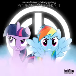 Size: 800x800 | Tagged: safe, artist:penguinsn1fan, artist:rolin11, artist:uxyd, derpibooru import, rainbow dash, twilight sparkle, twilight sparkle (alicorn), alicorn, pegasus, pony, advisory, britney spears, cover, female, looking at you, mare, parental advisory, parody, scream and shout, smiling, song reference, spread wings, standing, will.i.am, wings