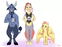 Size: 1600x1200 | Tagged: artist:qatsby, coffee mug, derpibooru import, family, female, fluttershy, hybrid, interspecies offspring, ironshy, iron will, male, mug, oc, oc:nessa mae, offspring, parent:fluttershy, parent:iron will, parents:ironshy, safe, shipping, simple background, size difference, straight, white background