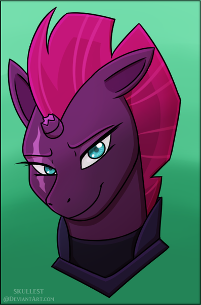 Size: 488x738 | Tagged: safe, artist:skullest, derpibooru import, fizzlepop berrytwist, tempest shadow, pony, my little pony: the movie, armor, broken horn, eye scar, female, looking at you, mare, scar, smiling, solo