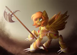 Size: 2777x1976 | Tagged: safe, artist:airiniblock, derpibooru import, oc, oc:camber, unofficial characters only, pegasus, pony, armor, commission, female, halberd, mare, raised hoof, rcf community, solo, weapon, ych result