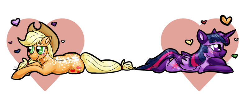 Size: 1500x600 | Tagged: safe, artist:sallindaemon, derpibooru import, applejack, twilight sparkle, twilight sparkle (alicorn), alicorn, pony, alternate design, blushing, body freckles, cowboy hat, female, freckles, hat, heart, lesbian, prone, shipping, simple background, stetson, transparent background, twijack