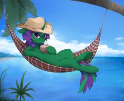 Size: 2000x1623 | Tagged: safe, artist:reysi, derpibooru import, oc, oc:buggy code, unofficial characters only, pony, unicorn, beach, cloud, coconut, coconut cup, curved horn, drinking, drinking straw, food, hammock, male, palm tree, relaxing, sky, solo, stallion, tree, water