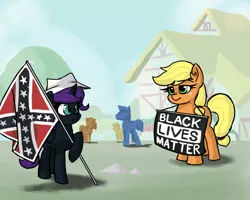 Size: 900x720 | Tagged: safe, artist:plunger, derpibooru import, applejack, oc, oc:nyx, ponified, alicorn, earth pony, pony, 4chan, black lives matter, confederate flag, drawthread, female, harsher in hindsight, irony, mare, meme, mouthpiece, my little pony, op started shit, politics, role reversal, sign, standing