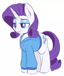 Size: 853x1011 | Tagged: safe, artist:spectre-z, derpibooru import, rarity, pony, unicorn, chest fluff, clothes, colored sketch, cute, drawpile, eyeshadow, female, hoodie, lidded eyes, lip bite, mare, raised eyebrow, raribetes, simple background, sketch, solo, white background