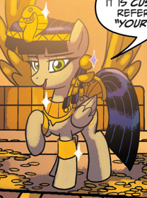 Size: 208x280 | Tagged: safe, artist:tonyfleecs, derpibooru import, idw, queen cleopatrot, pegasus, pony, from the shadows, spoiler:comic, spoiler:comic53, cropped, female, jewelry, mare, official comic, raised hoof, regalia, solo, speech bubble