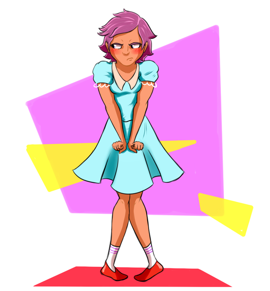 Size: 900x972 | Tagged: artist:3lorenzo3, blushing, clothes, cute, cutealoo, derpibooru import, dress, embarrassed, female, human, humanized, knees pressed together, looking away, safe, scootaloo, shoes, socks, solo, tomboy taming