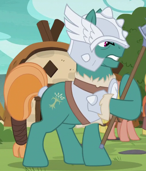 Size: 505x590 | Tagged: safe, derpibooru import, screencap, unnamed pony, earth pony, pony, campfire tales, armor, background pony, cropped, helmet, male, mighty helm, solo focus, spear, stallion, tail wrap, weapon, yggdrasil