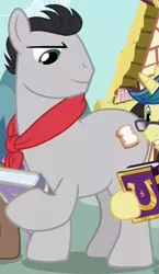 Size: 495x854 | Tagged: safe, derpibooru import, screencap, butter up, cocoa candy, first edition, earth pony, pony, fame and misfortune, background pony, book, clothes, cropped, glasses, hoof hold, male, scarf, solo focus, stallion