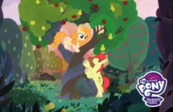 Size: 2048x1325 | Tagged: safe, derpibooru import, bright mac, pear butter, the perfect pear, apple tree, intertwined trees, pear tree, promotional art, tree