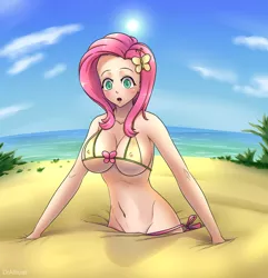 Size: 800x829 | Tagged: ahegao, artist:draltruist, beach, big forehead, bikini, breasts, busty fluttershy, clothes, derpibooru import, erect nipples, female, fluttershy, forehead, human, humanized, nipples, open mouth, quicksand, solo, solo female, suggestive, swimsuit, water