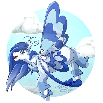 Size: 350x350 | Tagged: artist:sketchthebluepegasus, cloud, darter, derpibooru import, female, grottoling, oc, oc:sorsaten, original species, pixel art, safe, solo, unofficial characters only