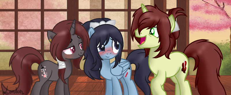 Size: 1024x421 | Tagged: safe, artist:t-aroutachiikun, derpibooru import, ponified, pegasus, pony, unicorn, blushing, hakuouki, kashuu kiyomitsu, male, okita souji, stallion, touken ranbu, yamatonokami yasusada