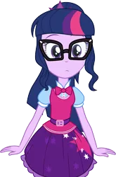 Size: 3000x4548 | Tagged: safe, artist:cloudyglow, derpibooru import, sci-twi, twilight sparkle, dance magic, equestria girls, spoiler:eqg specials, .ai available, adorkable, belt, bowtie, clothes, curious, cute, dork, female, glasses, looking at you, ponytail, simple background, skirt, solo, transparent background, twiabetes, vector