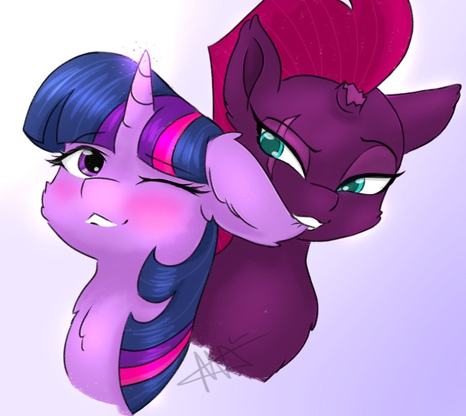 Size: 1678x1499 | Tagged: safe, artist:m-al, derpibooru import, fizzlepop berrytwist, tempest shadow, twilight sparkle, pony, unicorn, my little pony: the movie, biting, blushing, broken horn, chest fluff, ear bite, ear fluff, eye scar, female, lesbian, looking at each other, love, mare, one eye closed, scar, shipping, smiling, tempestlight