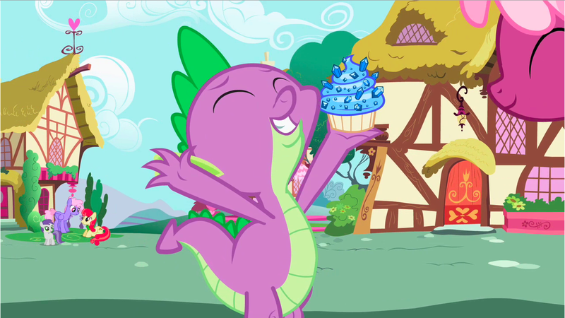 Size: 1282x721 | Tagged: safe, derpibooru import, screencap, cheerilee, rainbowshine, spike, dragon, earth pony, pegasus, pony, secret of my excess, background pony, celebrating, cupcake, eyes closed, food, ponyville, raised arms, sapphire, sapphire cupcake