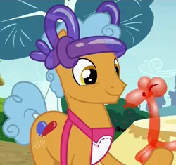 Size: 1145x1078 | Tagged: balloon, balloon animal, cropped, derpibooru import, forever filly, hoof hold, safe, screencap, solo, twisty pop