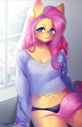 Size: 660x1020 | Tagged: adorasexy, anthro, artist:tawni-tailwind, black underwear, blushing, breasts, cleavage, clothes, colored pupils, cute, derpibooru import, female, fluttershy, hnnng, looking at you, mare, panties, pegasus, sexy, shirt, shyabetes, sitting, smiling, solo, solo female, suggestive, underwear, window