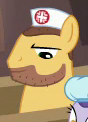 Size: 88x122 | Tagged: safe, derpibooru import, screencap, unnamed pony, pony, where the apple lies, background pony, beard, cropped, facial hair, hat, male, nurse, nurse hat, picture for breezies, solo, stallion