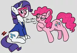 Size: 1783x1226 | Tagged: safe, artist:heretichesh, derpibooru import, pinkie pie, rarity, earth pony, pony, unicorn, blu, blu spy, bust, clothes, crossover, deception, dialogue, disguise, duo, english, exploitable meme, female, gray background, looking at each other, mare, mask, meme, necktie, not sure if, open mouth, poker face, portrait, raised hoof, raised leg, rarispy, simple background, sitting, smiling, spy, squint, standing, suit, suspicious, team fortress 2, thinking, video game, wondering