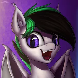 Size: 3000x3000 | Tagged: safe, artist:setharu, derpibooru import, oc, oc:night wing, unofficial characters only, bat pony, pony, bat pony oc, bust, commission, ear fluff, fangs, female, open mouth, portrait, signature, smiling, solo