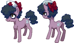 Size: 390x224 | Tagged: safe, artist:rhorse, artist:saby, deleted from derpibooru, derpibooru import, oc, oc:nurse tourniquet, unofficial characters only, pony, bow, creepy, creepy smile, curly mane, female, hair bow, isometric, lanky, lowres, mare, multiple views, nurse, nurse outfit, pixel art, plot, rear view, shrunken pupils, simple background, smiling, solo, standing, stare, thin legs, transparent background, true res pixel art