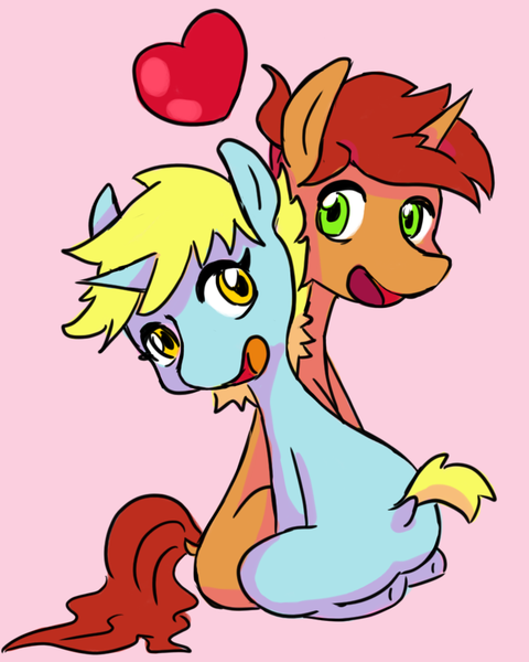 Size: 800x1000 | Tagged: safe, artist:skeletonburglar, derpibooru import, oc, oc:game guard, oc:nootaz, unofficial characters only, pony, unicorn, couple, gametaz, heart, looking at each other, looking back, love, shipping, simple background