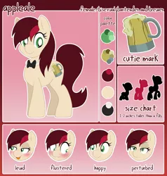 Size: 2114x2225 | Tagged: safe, artist:pearlyiridescence, derpibooru import, oc, oc:appleale, unofficial characters only, earth pony, pony, blushing, bowtie, female, mare, reference sheet, size chart, size comparison, solo