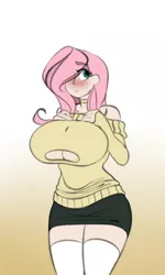 Size: 600x1000 | Tagged: anti-gravity boobs, artist:skully, big breasts, blushing, boob window, breasts, busty fluttershy, cleavage, clothes, derpibooru import, female, fluttershy, gradient background, hair over one eye, huge breasts, human, humanized, looking away, miniskirt, simple background, skirt, socks, solo, solo female, suggestive, sweater, sweatershy, thigh highs, torn clothes, underboob, zettai ryouiki