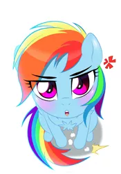 Size: 450x643 | Tagged: dead source, safe, artist:tsudashie, derpibooru import, rainbow dash, pegasus, pony, bedroom eyes, behaving like a bird, blushing, chest fluff, cross-popping veins, cute, dashabetes, eye clipping through hair, female, image, lemme smash, looking at you, looking up, mare, open mouth, png, simple background, solo, stomping, white background